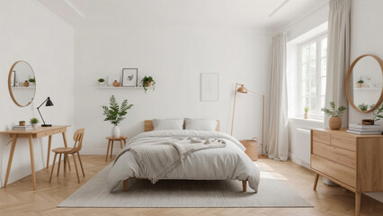 Fototapeta premium Stylish and Cozy Bedroom Interior Design with Elegant Details and Comfortable Atmosphere