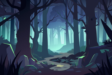 Enchanting forest landscape features tall, dark trees and a winding path, perfect for backgrounds, game art, or atmospheric nature designs.