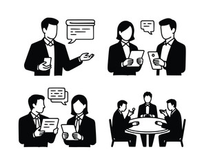 Business discussion featuring collaboration, meeting, and networking, black and white line art illustrating teamwork, silhouette