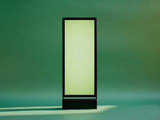 Empty vertical display stand against a gradient green backdrop.