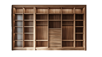Modern wooden wardrobe with multiple shelves isolated on white background
