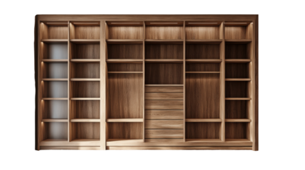 Modern wooden wardrobe with multiple shelves isolated on white background
