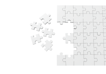 White, blank, matte jigsaw puzzle pieces, some scattered, others interlocked, on a transparent seamless studio background with ample copy space on left, top-down, ultra-realistic macro photo, concept
