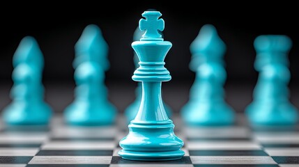 Bright light blue chess piece standing out prominently among other dark chess pieces on a contrasting dark background symbolizing strategy, focus, and leadership in competitive gameplay
