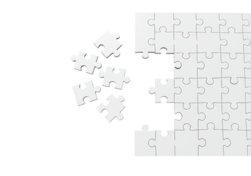 White, blank, matte jigsaw puzzle pieces, some scattered, others interlocked, on a transparent seamless studio background with ample copy space on left, top-down, ultra-realistic macro photo, concept