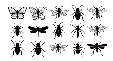 Collection of insect silhouettes showcases diverse butterflies, beetles, and other winged creatures