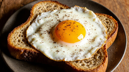 Delicious fried eggs on toast, seasoned with pepper, served on plates in a rustic, home-style presentation. AI generated.