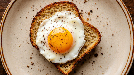 Delicious fried eggs on toast, seasoned with pepper, served on plates in a rustic, home-style presentation. AI generated.