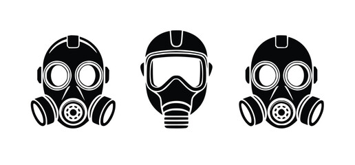 Three black gas masks rendered as vector icons symbolize safety and protection in dangerous environments, silhouette