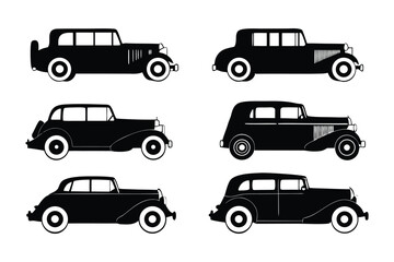 Vintage Car Collection in Silhouette: Classic vintage cars, meticulously rendered in a striking black silhouette, showcase timeless elegance and automotive history.