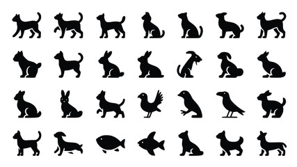 Various animal silhouettes are arranged neatly on a plain backdrop, showing a diverse set of animal species