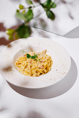 Creamy pasta dish served elegantly on a white plate with fresh herbs