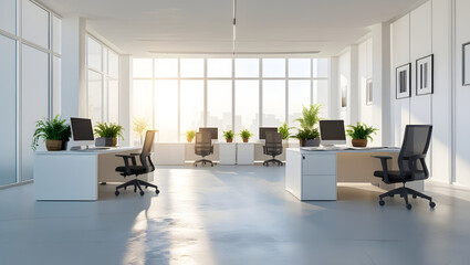 A modern, light-filled office interior featuring contemporary furniture and empty chairs