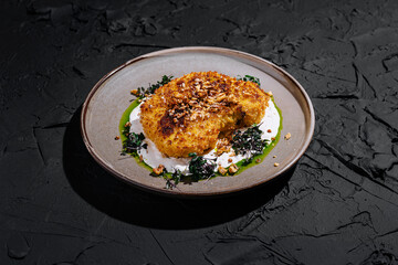 Deliciously plated cauliflower steak with nut garnish and sauce
