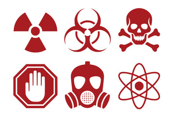 Collection of vector hazard warnings and symbols like radiation, biohazard, skull and crossbones, atom, stop hand, and gas mask, silhouette