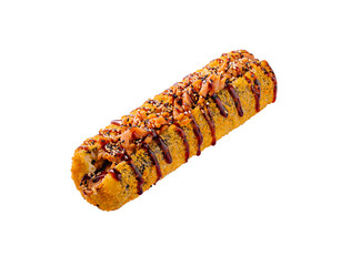 Crispy sushi roll topped with sauce, sesame seeds, and flakes, featuring a golden breadcrumb coating and savory filling inside.