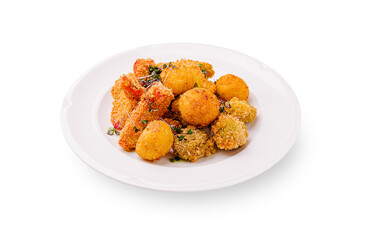 Crispy fried appetizers on a white plate perfect for sharing at a gathering