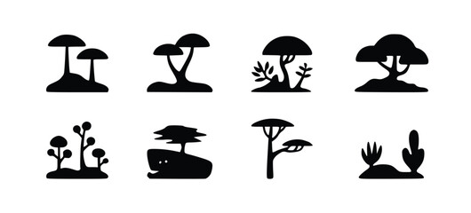 Collection of tree icons showcases diverse flora silhouettes in a simple, black and white forest illustration.