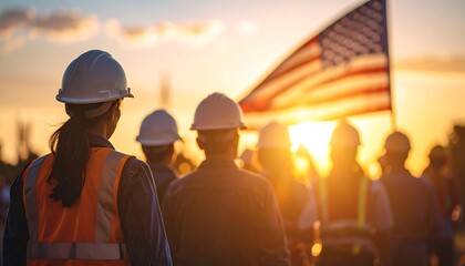 Construction workers watch sunset, American flag