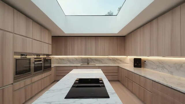 Modern minimalist kitchen featuring skylight, island, and marble countertops
