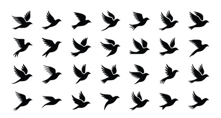 Black silhouettes of flying birds are displayed against a white background, representing freedom, nature, and a sense of peaceful flight.
