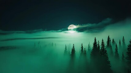 Full moon shining over misty forest at night - Powered by Adobe