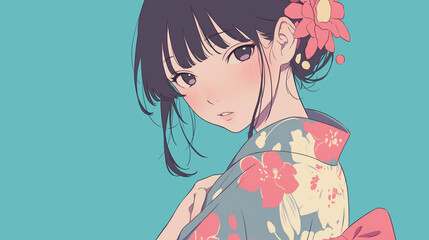 日本の夏を楽しむ浴衣姿の若い女性の横顔イラスト｜和風・伝統・夜祭りの雰囲気