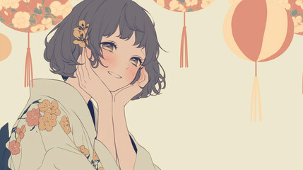 浴衣姿の美しい若い女性キャラクターの和風イラスト｜夏の夜・風鈴・花火大会の情景