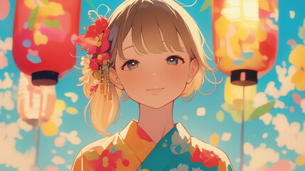 浴衣を着た若い女性が縁日に立つイラスト｜屋台・和装・夏祭りの風景を描いた一枚