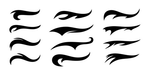 Vector black sport tails. Swoosh silhouette elements for baseball, football or athletics lettering. Baseball swoosh text tails. Sports underline curly shapes set. Swirl lines, swish or swash shapes.