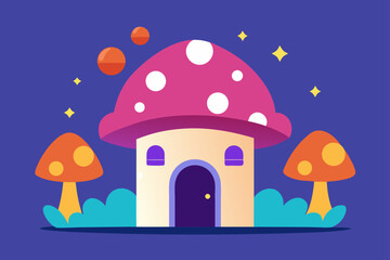 A cute cartoon red toadstool house with an umbrella roof stands isolated in the green grass of an autumn forest, perfect for a whimsical nature illustration