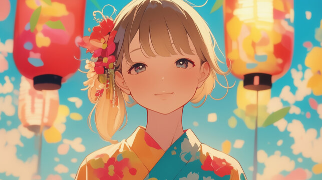 浴衣を着た若い女性が縁日に立つイラスト｜屋台・和装・夏祭りの風景を描いた一枚