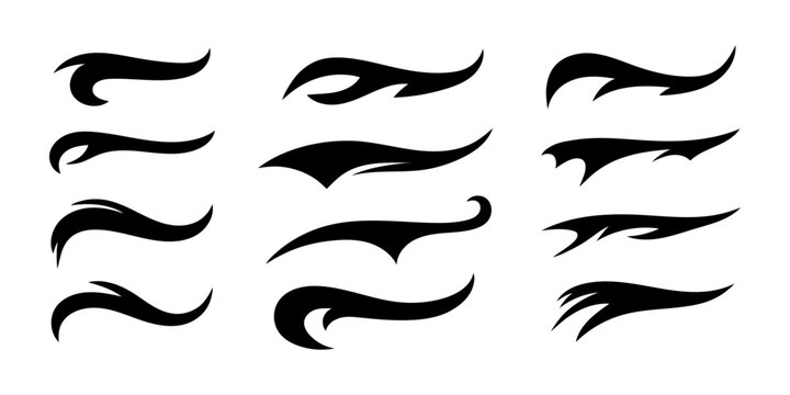 Vector black sport tails. Swoosh silhouette elements for baseball, football or athletics lettering. Baseball swoosh text tails. Sports underline curly shapes set. Swirl lines, swish or swash shapes.