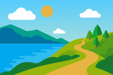 Fototapeta premium Vibrant summer mountain landscape with blue sky, green fields, and distant hills