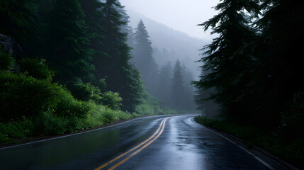 Fototapeta premium Road to Tranquility: A winding road disappears into a misty forest, inviting viewers into a scene of serene beauty and quiet exploration, as the asphalt glistens under the soft, diffused light.