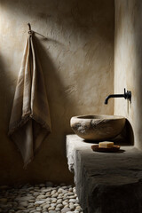 A rustic bathroom scene featuring a stone sink, a black faucet, and a towel hanging on the wall. Pebbles cover the floor, creating a natural aesthetic.