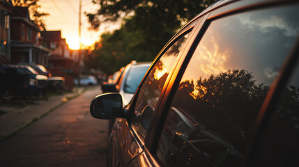 A close-up view of a parked car with reflections of a sunset in the side mirror. The street is lined with parked vehicles and trees in the background.