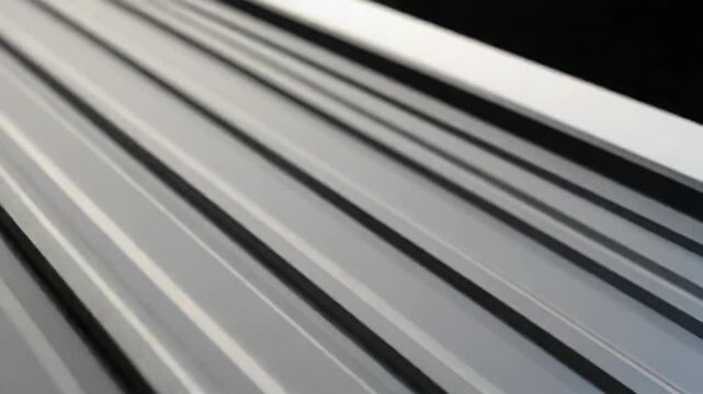 Close up of corrugated metal roof showing parallel lines and screws
