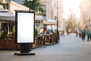 A blank advertising billboard stands on a busy street. Outdoor cafes and people walking in the background create a lively urban atmosphere.