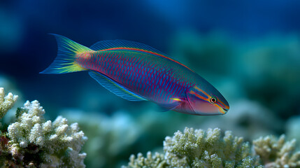 Fototapeta premium Colorful Fish: A vibrantly hued fish glides gracefully through the clear blue sea, its scales reflecting the sunlight. Its beauty enhanced by the contrast of coral.