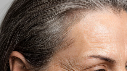 Close-up of a senior Caucasian woman with gray hair and visible wrinkles. The focus is on her facial features and skin texture.