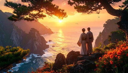Couple in kimonos at sunrise over the sea