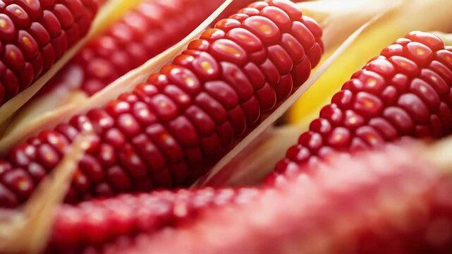 Ruby red corn cob displaying vibrant kernels and hues