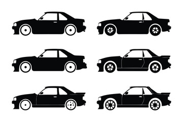 Fototapeta premium Silhouette Car Collection: A sleek array of six modern car silhouettes in black, perfect for illustrating automotive design or transport concepts. 