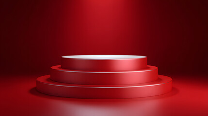 Crimson Platform: A minimalist and inviting crimson platform is illuminated by a spotlight, ready to showcase the next big thing.