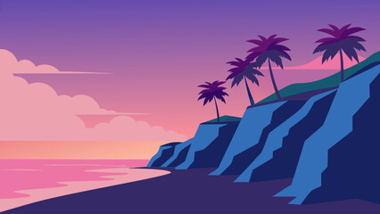 Obraz premium Golden sunset illuminates a tropical beach with silhouetted palm trees against a vibrant sky over the ocean