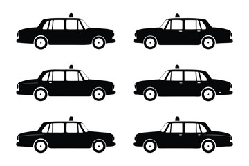 Black Taxi Silhouette: A symmetrical depiction of six black taxi silhouettes. Ideal for transportation or urban themes.  