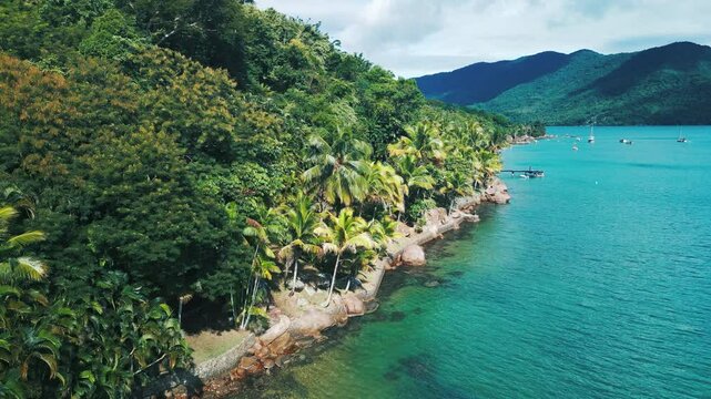 Aerial view of the tropical sea and green coastline with palm trees in the calm bay near the town of Paraty in Brazil