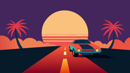 Retro Sunset Cruise Classic Car on Coastal Highway