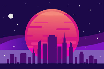 Fototapeta premium Futuristic Cityscape under a Giant Crimson Planet A Stunning Night Scene Illustration